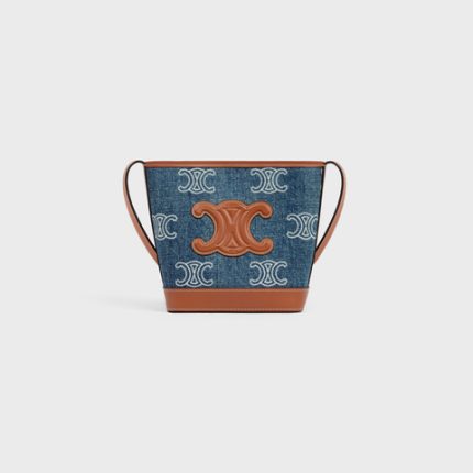 MINI BUCKET CUIR TRIOMPHE IN DENIM WITH TRIOMPHE ALL-OVER EMBROIDERY AND CALFSKIN