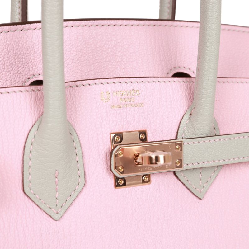Hermes Special Order (HSS) Birkin 25 Rose Sakura and Gris Perle Chevre Mysore Rose Gold Hardware - Image 7
