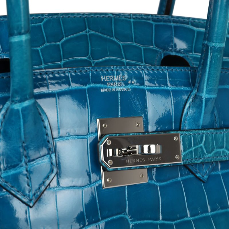 Hermes Birkin 30 Bleu Izmir Shiny Niloticus Crocodile Palladium Hardware - Image 6