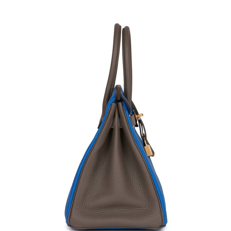 Hermes Special Order (HSS) Birkin 30 Bleu Electric and Etain Clemence Brushed Gold Hardware - Image 3