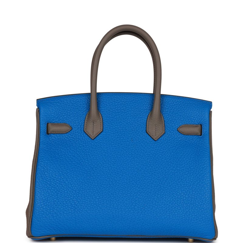 Hermes Special Order (HSS) Birkin 30 Bleu Electric and Etain Clemence Brushed Gold Hardware - Image 4