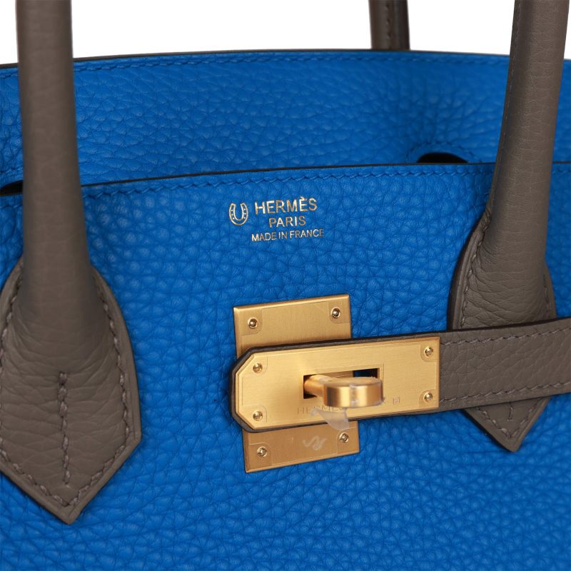Hermes Special Order (HSS) Birkin 30 Bleu Electric and Etain Clemence Brushed Gold Hardware - Image 6