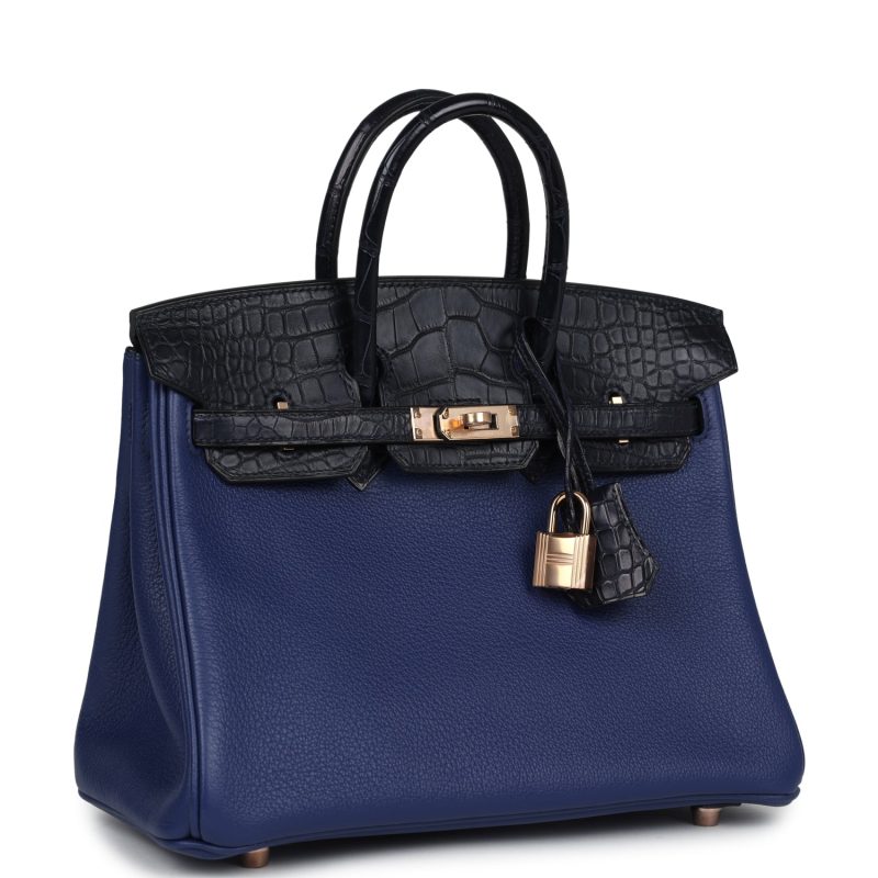 Hermes Birkin 25 Bleu Saphir Taurillion Novillo and Bleu Marine Matte Alligator Touch Rose Gold Hardware - Image 2