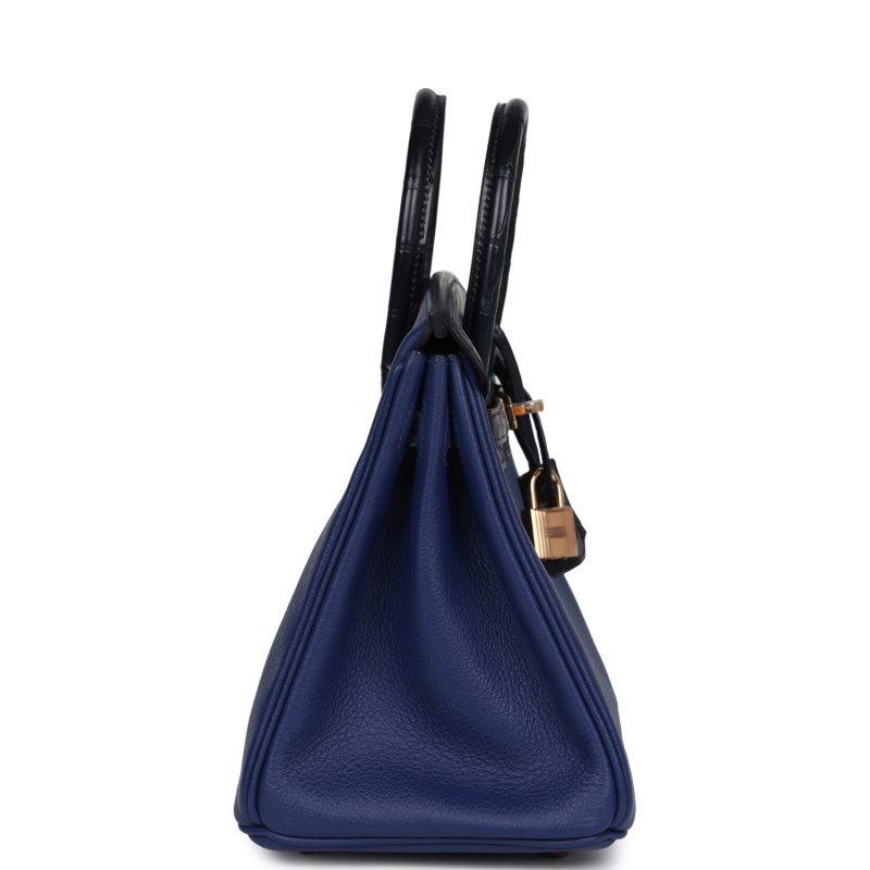 Hermes Birkin 25 Bleu Saphir Taurillion Novillo and Bleu Marine Matte Alligator Touch Rose Gold Hardware - Image 3