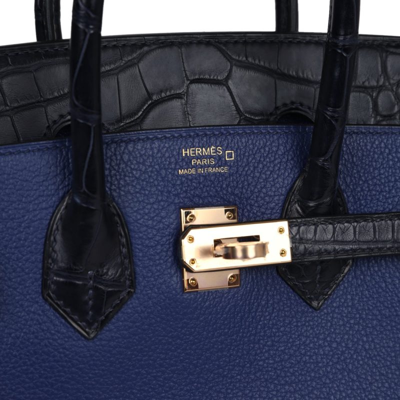 Hermes Birkin 25 Bleu Saphir Taurillion Novillo and Bleu Marine Matte Alligator Touch Rose Gold Hardware - Image 6