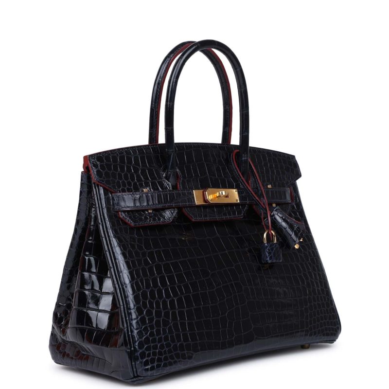 Hermes Birkin 30 Bleu Marine and Rouge H Contour Shiny Porosus Crocodile Gold Hardware - Image 2