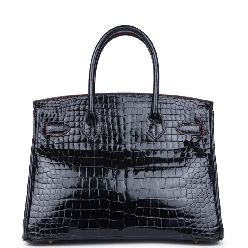 Hermes Birkin 30 Bleu Marine and Rouge H Contour Shiny Porosus Crocodile Gold Hardware - Image 4