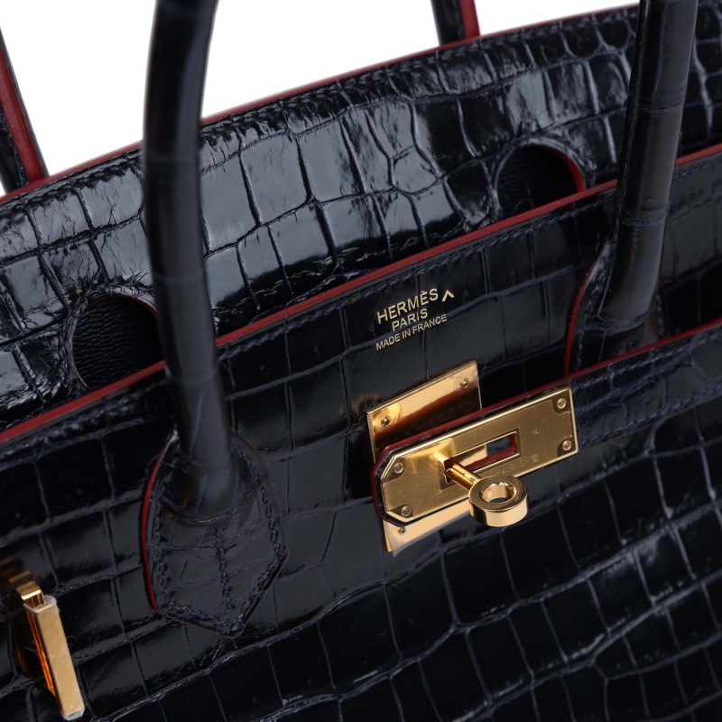 Hermes Birkin 30 Bleu Marine and Rouge H Contour Shiny Porosus Crocodile Gold Hardware - Image 6