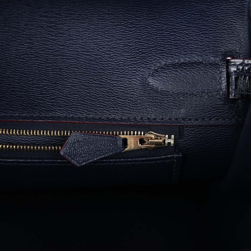 Hermes Birkin 30 Bleu Marine and Rouge H Contour Shiny Porosus Crocodile Gold Hardware - Image 8