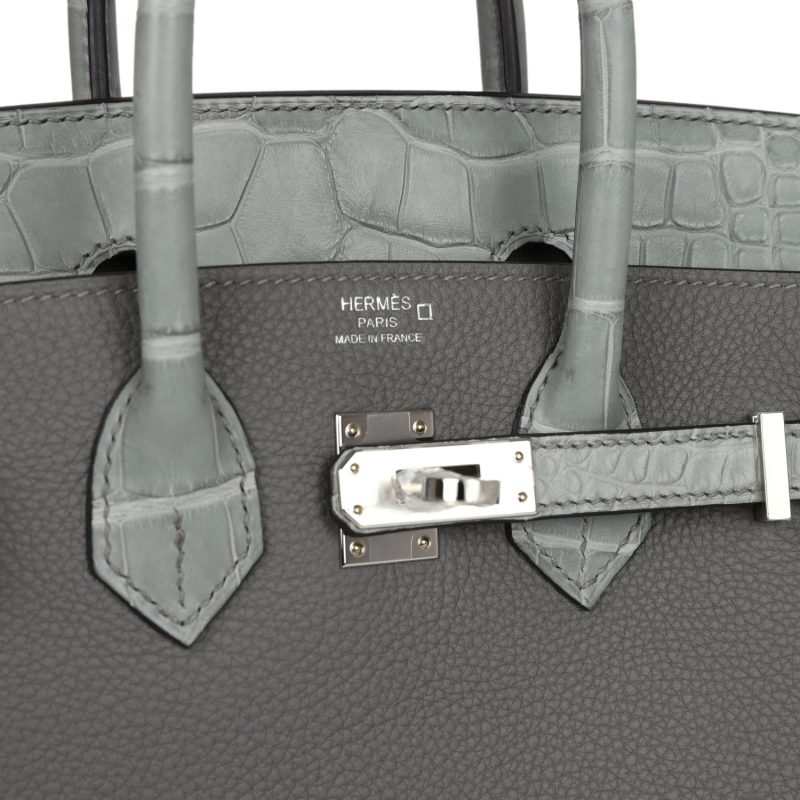 Hermes Birkin 25 Gris Meyer Togo and Gris Ciment Matte Alligator Touch Palladium Hardware - Image 6