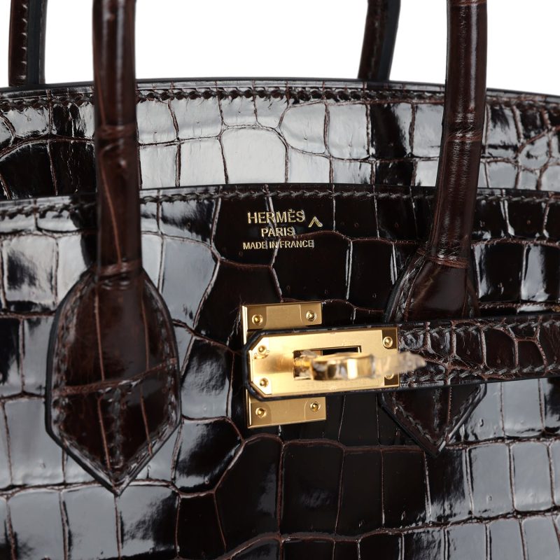Hermes Birkin 25 Macassar Shiny Porosus Crocodile Gold Hardware - Image 6