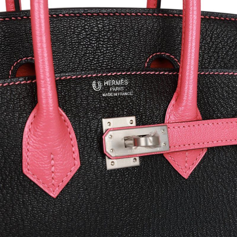 Hermes Special Order (HSS) Birkin 25 Black and Rose Azalee Chevre Brushed Palladium Hardware - Image 6