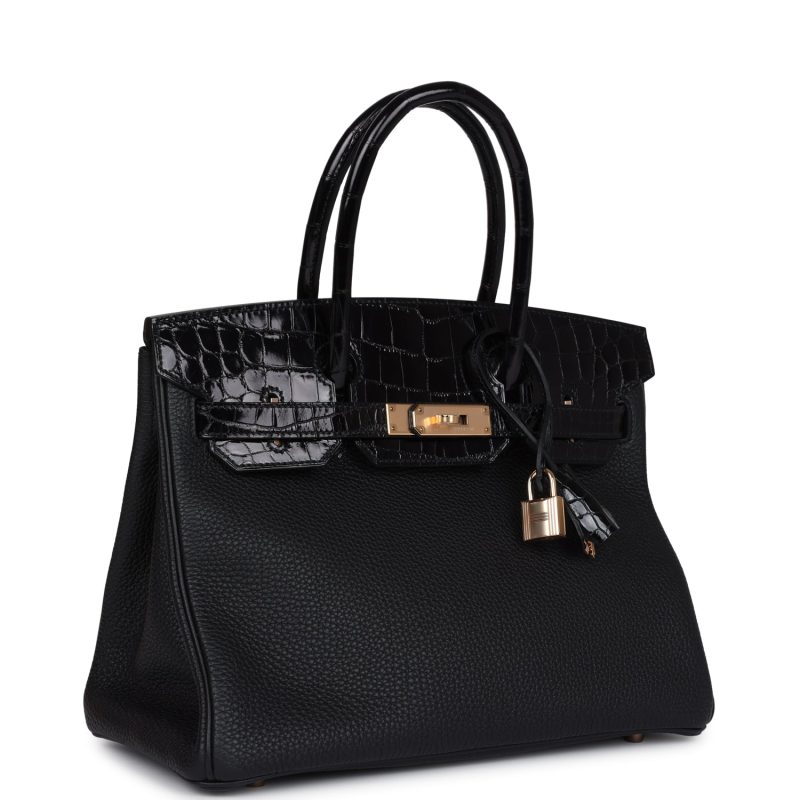 Hermes Birkin 30 Black Shiny Niloticus Crocodile and Togo Touch Rose Gold Hardware - Image 2