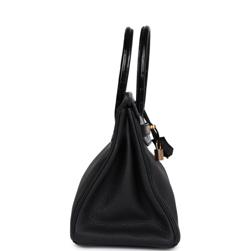 Hermes Birkin 30 Black Shiny Niloticus Crocodile and Togo Touch Rose Gold Hardware - Image 3