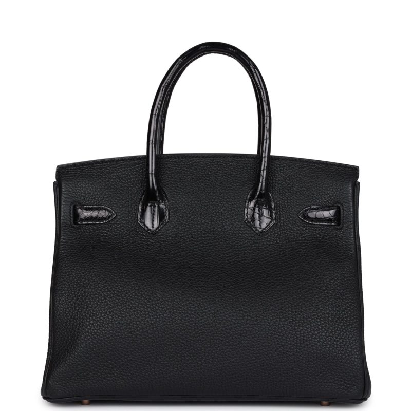 Hermes Birkin 30 Black Shiny Niloticus Crocodile and Togo Touch Rose Gold Hardware - Image 4