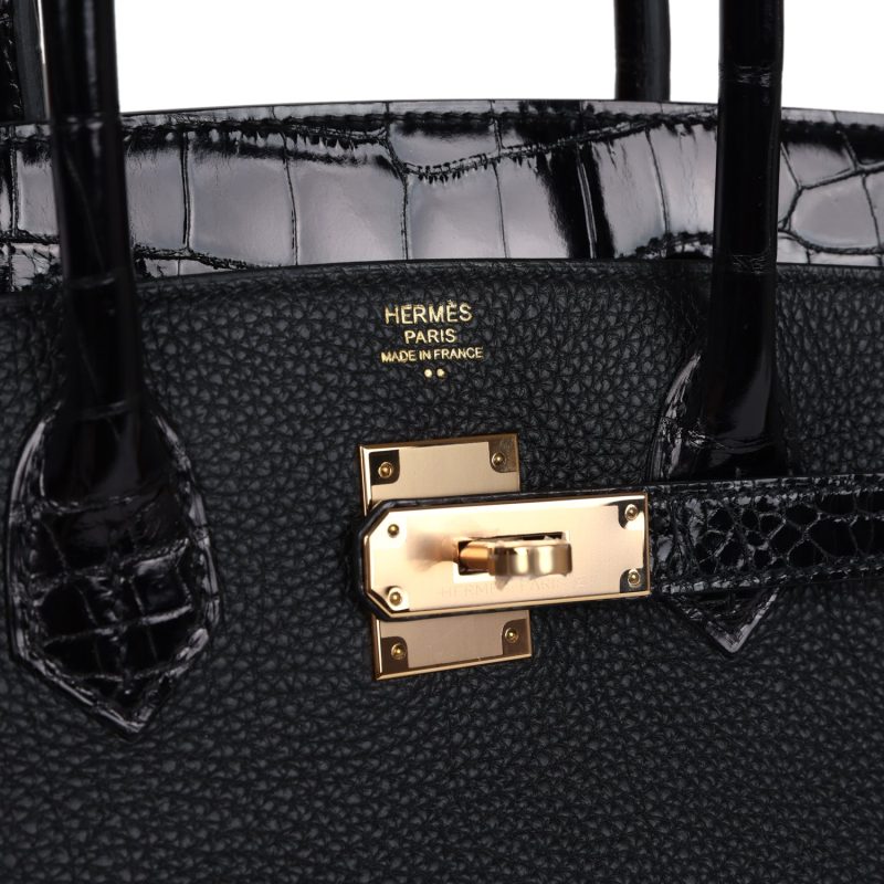 Hermes Birkin 30 Black Shiny Niloticus Crocodile and Togo Touch Rose Gold Hardware - Image 6