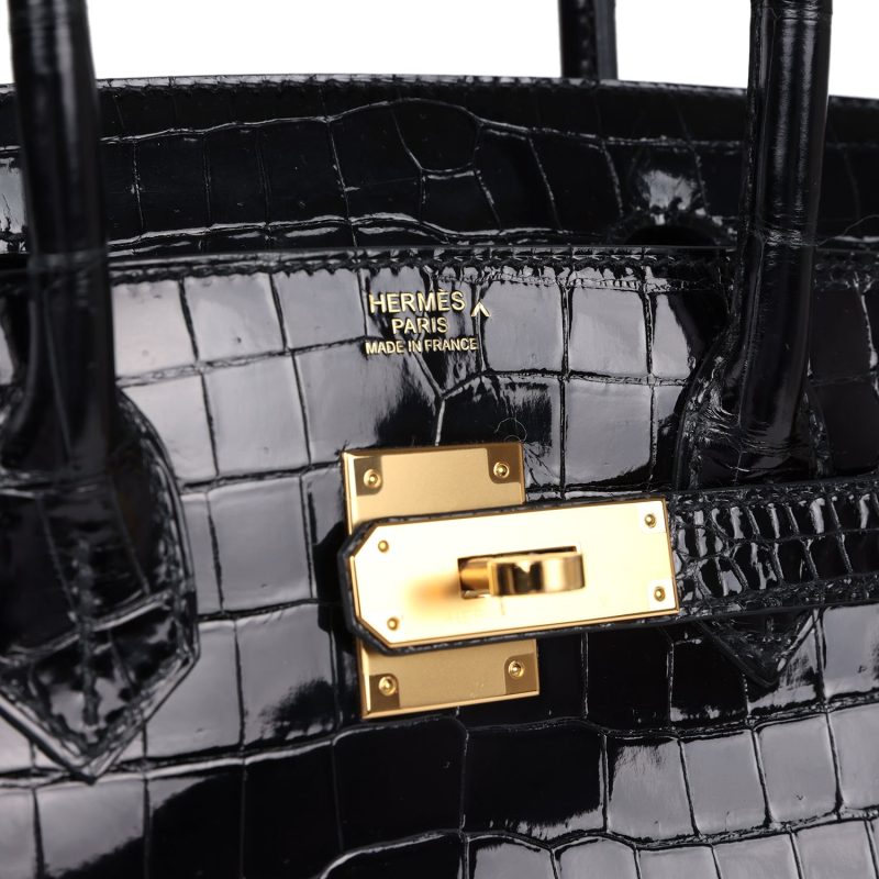 Hermes Birkin 30 Black Shiny Porosus Crocodile Gold Hardware - Image 6
