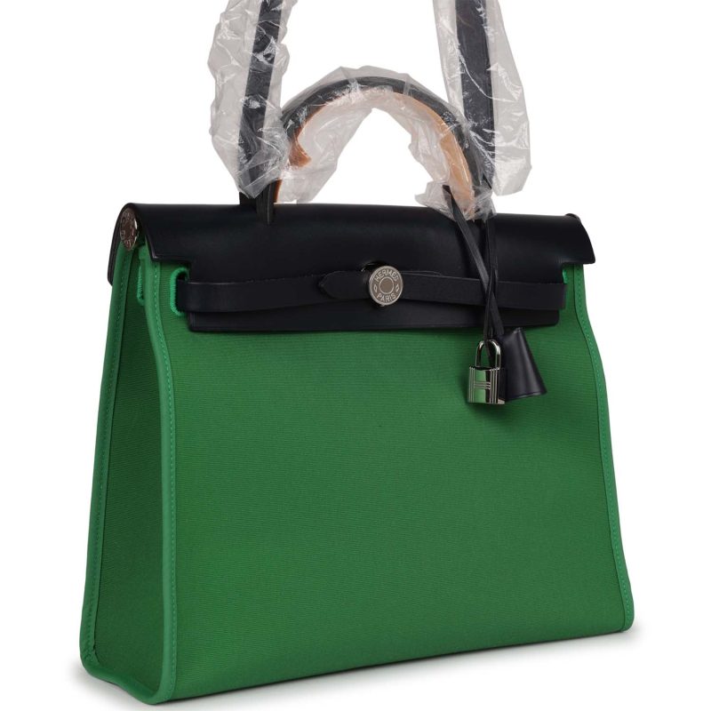 Hermes Herbag Zip PM 31 Bambou Toile H/Bleu Indigo Vache Hunter Palladium Hardware - Image 2