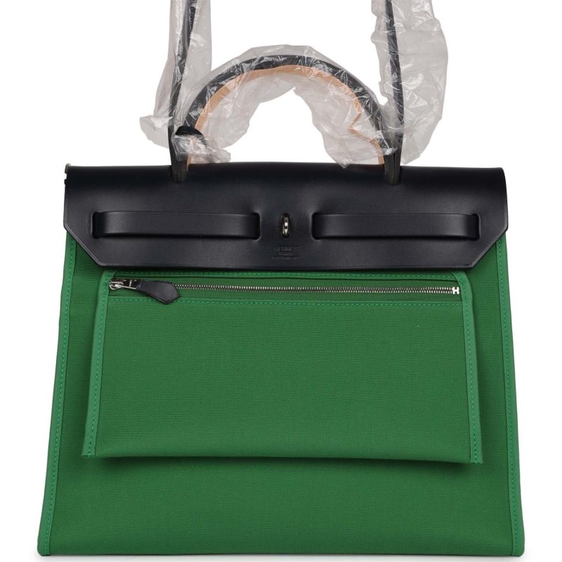 Hermes Herbag Zip PM 31 Bambou Toile H/Bleu Indigo Vache Hunter Palladium Hardware - Image 4
