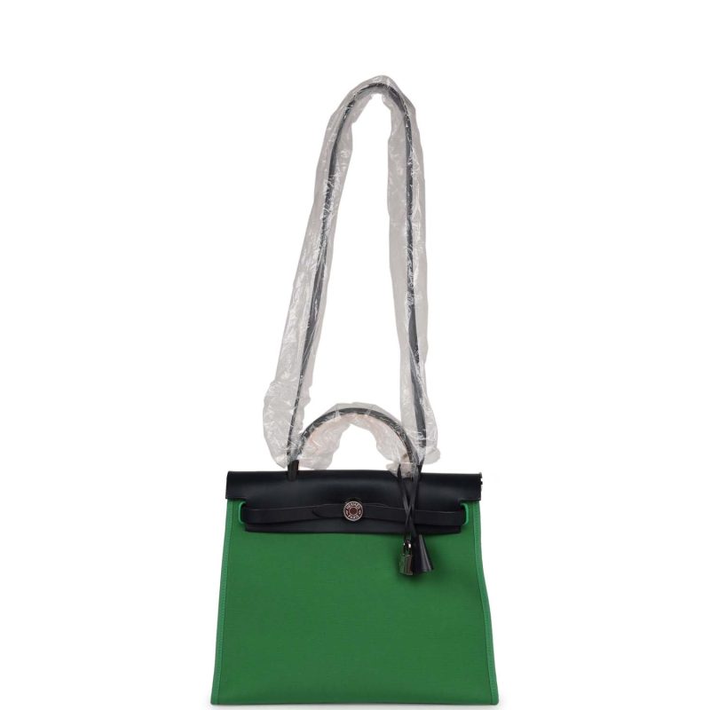 Hermes Herbag Zip PM 31 Bambou Toile H/Bleu Indigo Vache Hunter Palladium Hardware - Image 6