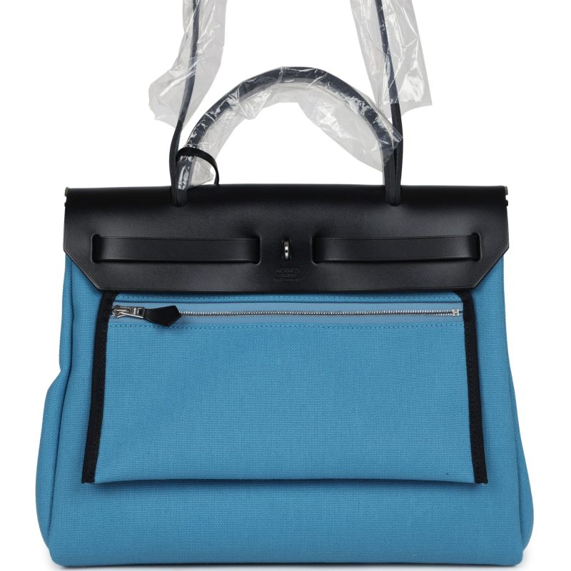 Hermes Herbag Zip PM 31 Blue Jean Toile H and Black Vache Hunter Palladium Hardware - Image 4
