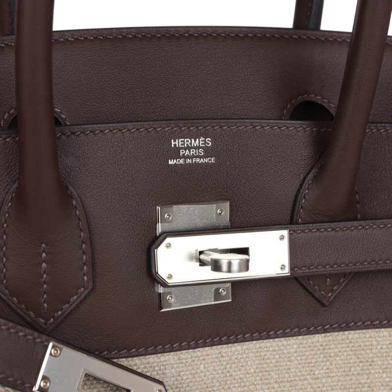 Hermes Birkin 30 Bivouac Ficelle Canvas and Moka Swift Palladium Hardware - Image 6