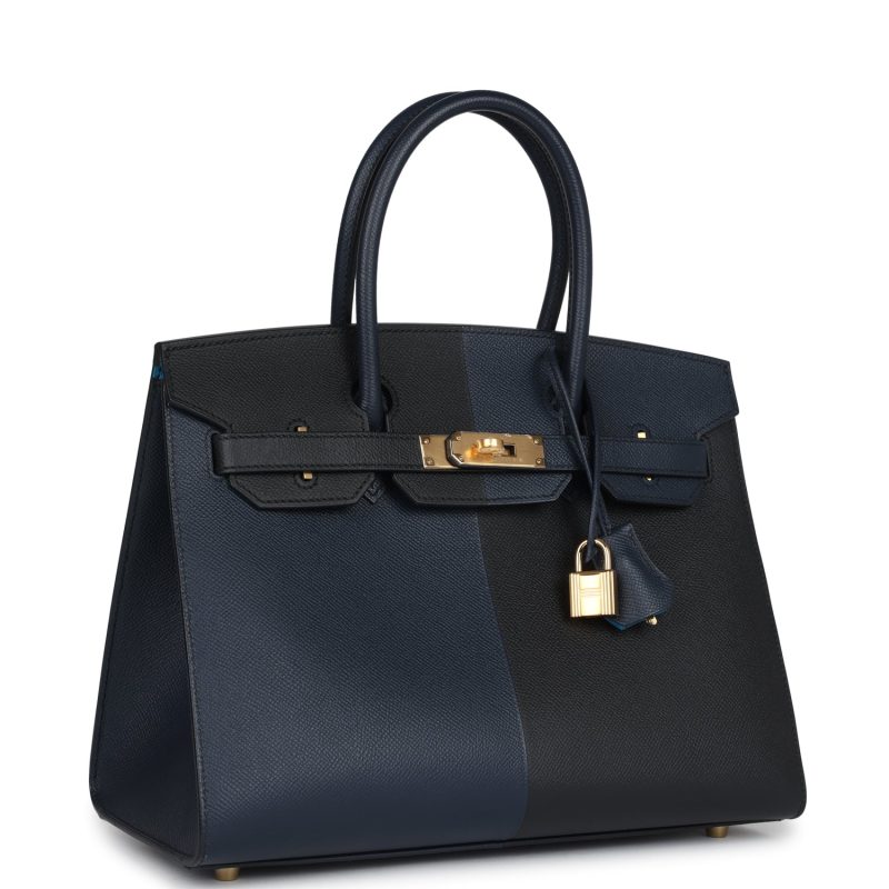 Hermes Casaque Birkin Sellier 30 Black, Bleu Indigo and Bleu Zanzibar Epsom Gold Hardware - Image 2