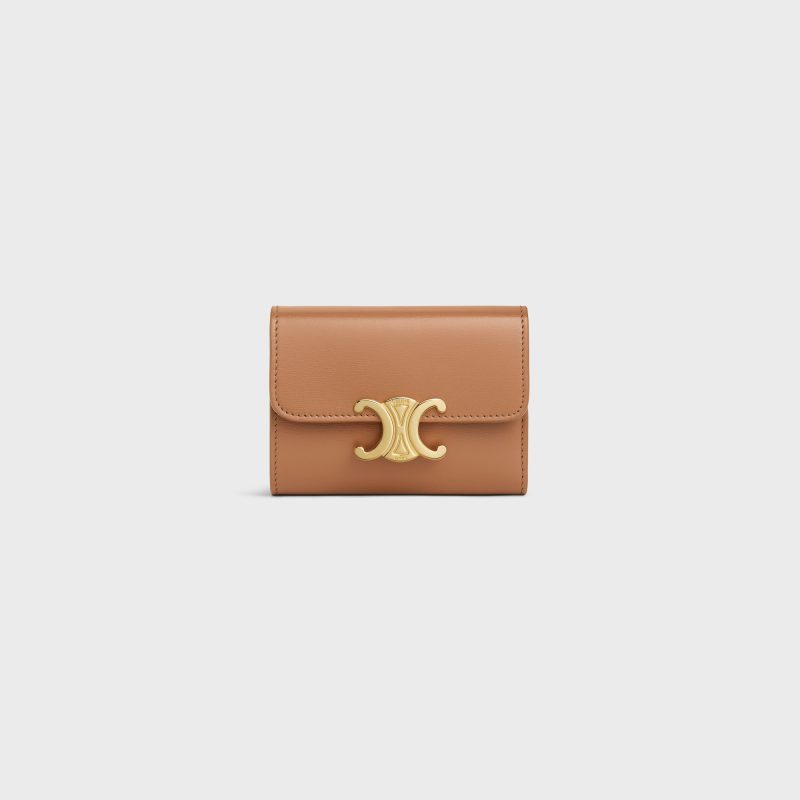 COMPACT WALLET WITH COIN TRIOMPHE IN SHINY CALFSKIN BRONZE