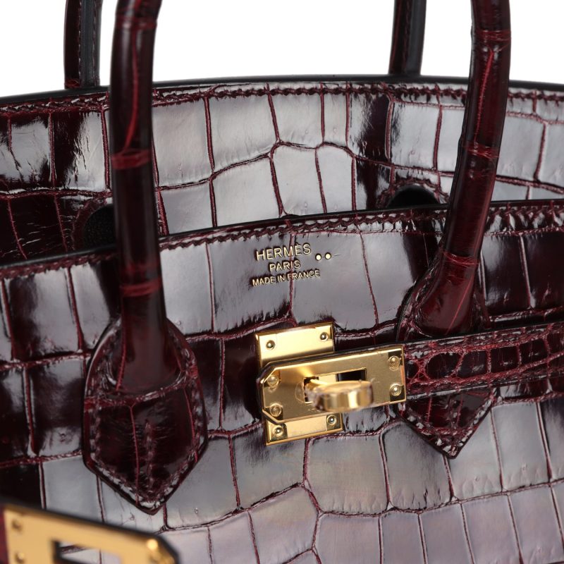 Hermes Birkin 25 Bordeaux Shiny Niloticus Crocodile Gold Hardware - Image 6