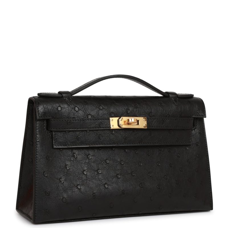 Hermes Kelly Pochette Black Ostrich Gold Hardware - Image 2