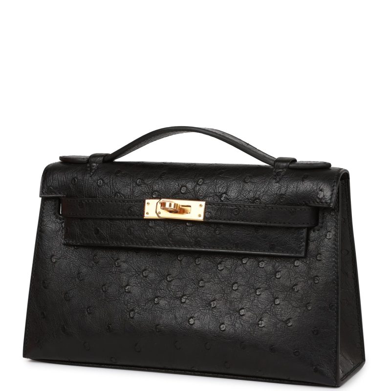 Hermes Kelly Pochette Black Ostrich Gold Hardware - Image 3