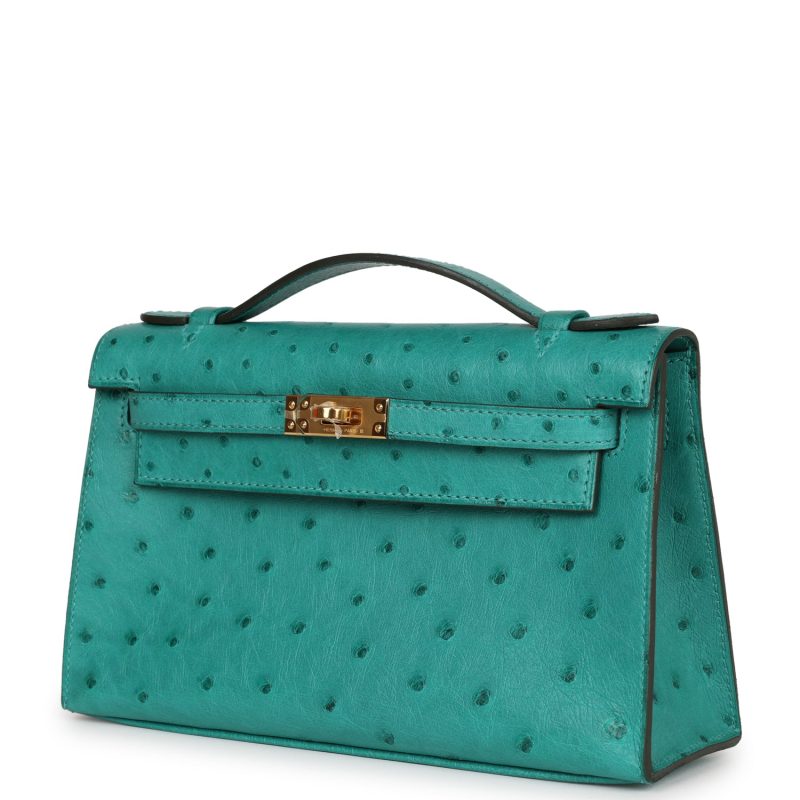 Hermes Kelly Pochette Vert Verone Ostrich Gold Hardware - Image 3