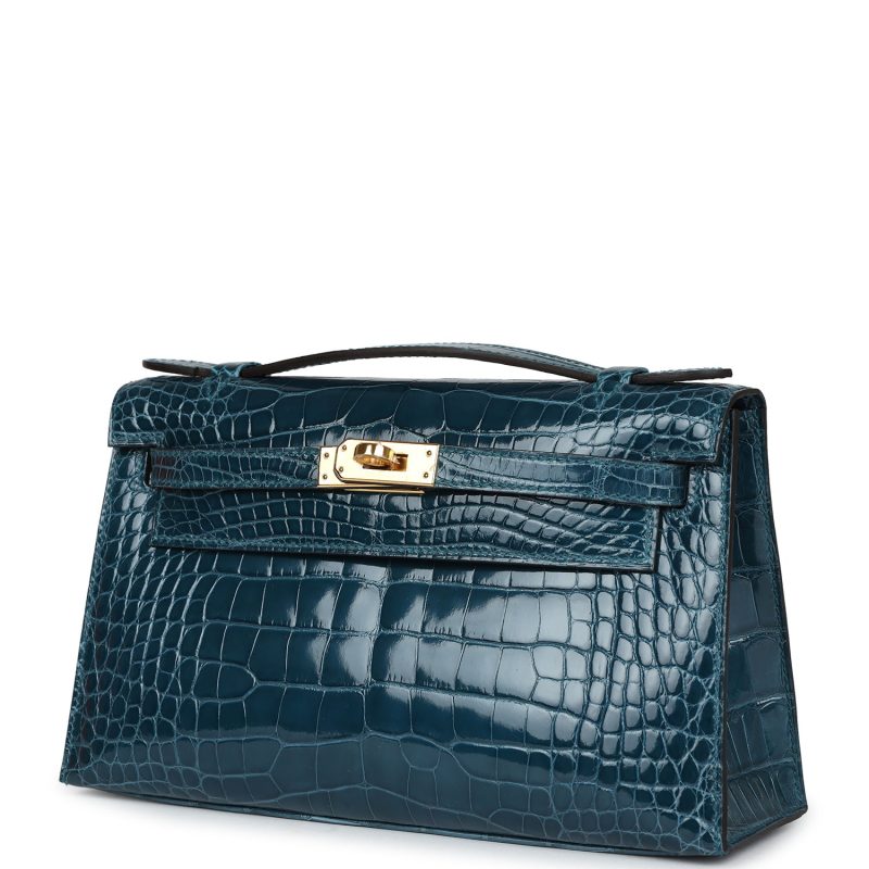 Hermes Kelly Pochette Vert Bosphore Shiny Alligator Gold Hardware - Image 2
