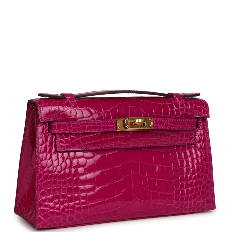 Hermes Kelly Pochette Rose Scheherazade Shiny Alligator Gold Hardware - Image 2