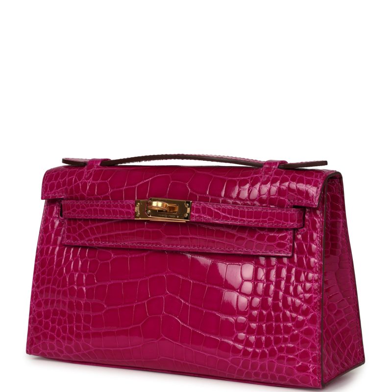 Hermes Kelly Pochette Rose Scheherazade Shiny Alligator Gold Hardware - Image 3