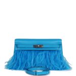 Hermes Kelly Elan Foile Bleu Frida Chevre Chamkila and Ostrich Feathers Palladium Hardware