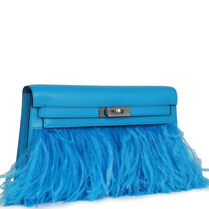 Hermes Kelly Elan Foile Bleu Frida Chevre Chamkila and Ostrich Feathers Palladium Hardware - Image 2
