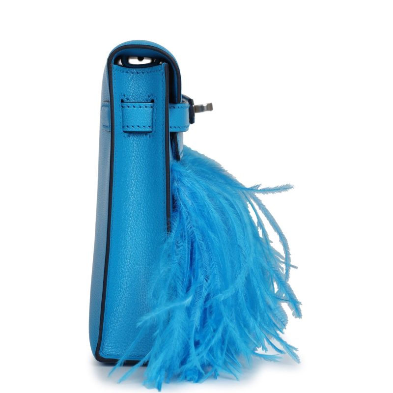 Hermes Kelly Elan Foile Bleu Frida Chevre Chamkila and Ostrich Feathers Palladium Hardware - Image 3