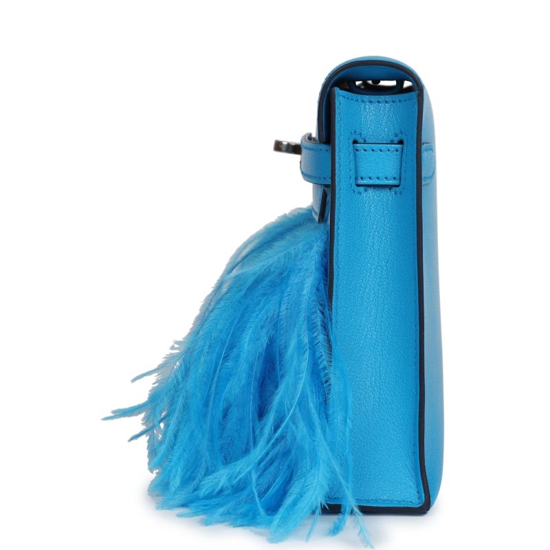 Hermes Kelly Elan Foile Bleu Frida Chevre Chamkila and Ostrich Feathers Palladium Hardware - Image 4