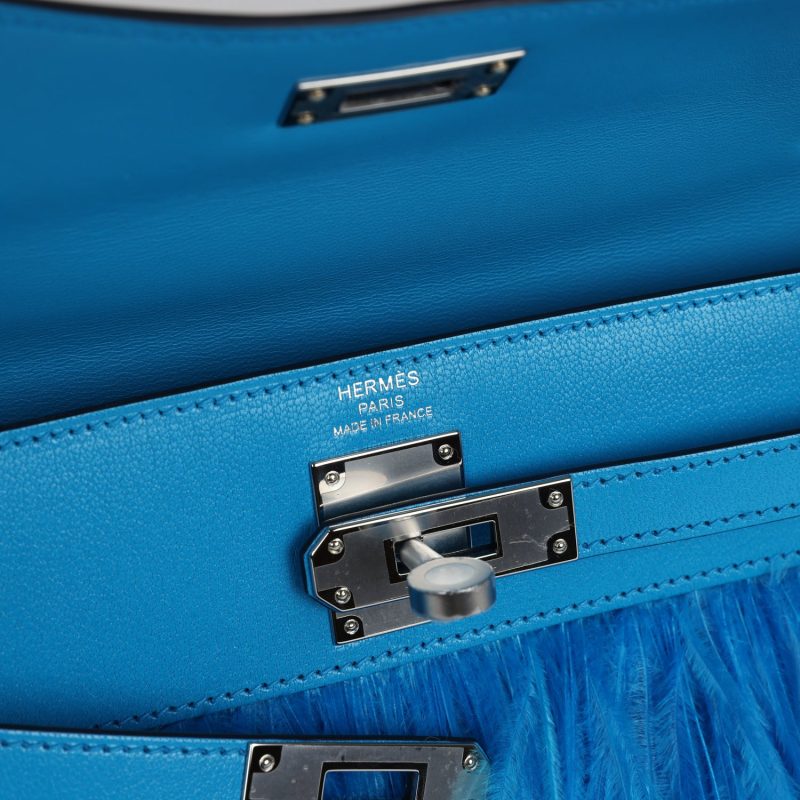 Hermes Kelly Elan Foile Bleu Frida Chevre Chamkila and Ostrich Feathers Palladium Hardware - Image 7