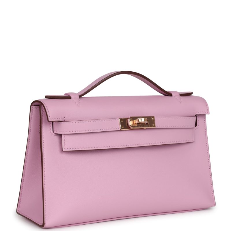 Hermes Kelly Pochette Mauve Sylvestre Swift Rose Gold Hardware - Image 2