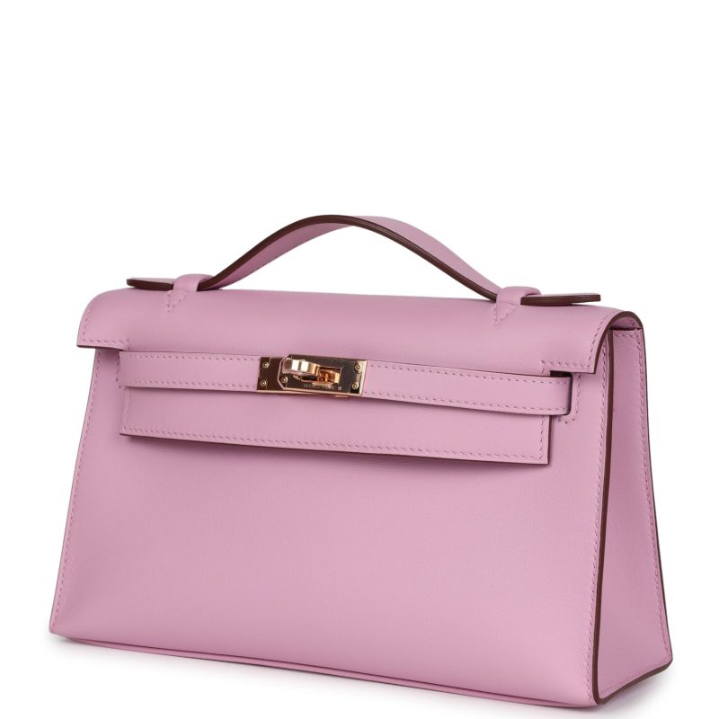 Hermes Kelly Pochette Mauve Sylvestre Swift Rose Gold Hardware - Image 3