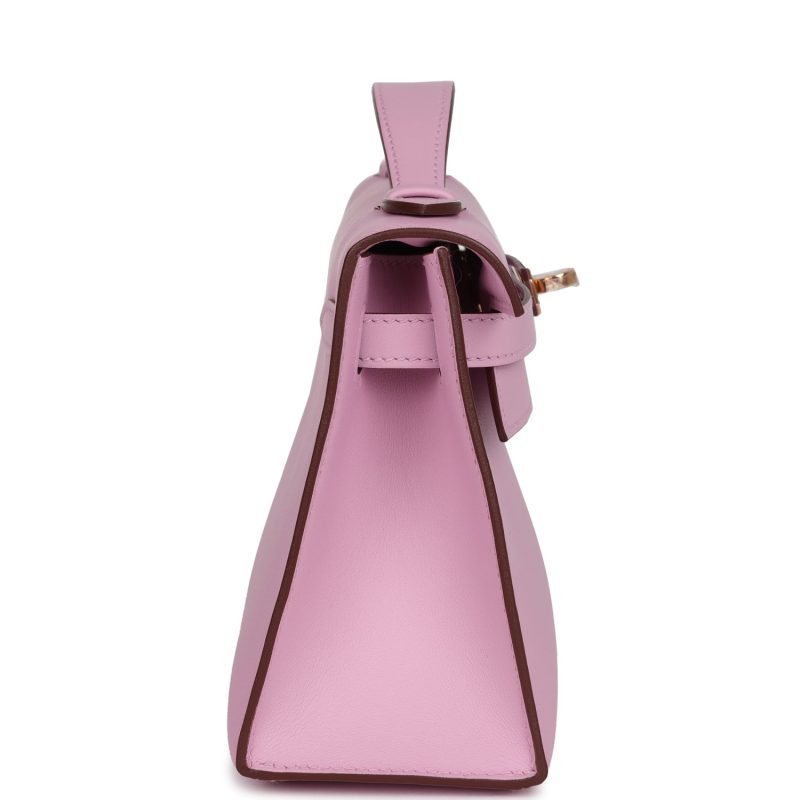 Hermes Kelly Pochette Mauve Sylvestre Swift Rose Gold Hardware - Image 4