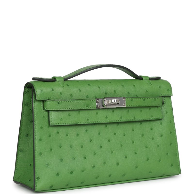 Hermes Kelly Pochette Vert Yucca Ostrich Palladium Hardware - Image 2