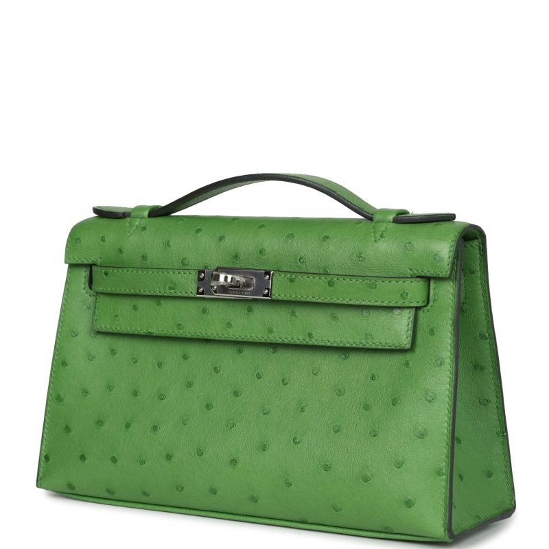 Hermes Kelly Pochette Vert Yucca Ostrich Palladium Hardware - Image 3