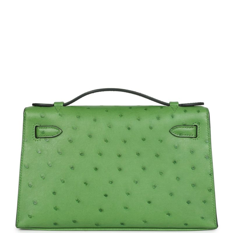 Hermes Kelly Pochette Vert Yucca Ostrich Palladium Hardware - Image 5