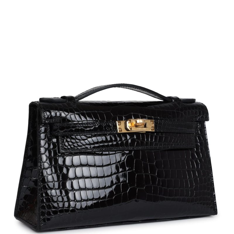 Hermes Kelly Pochette Black Shiny Porosus Crocodile Gold Hardware - Image 2