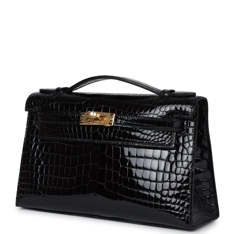 Hermes Kelly Pochette Black Shiny Porosus Crocodile Gold Hardware - Image 3