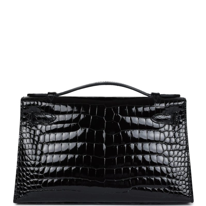 Hermes Kelly Pochette Black Shiny Porosus Crocodile Gold Hardware - Image 5