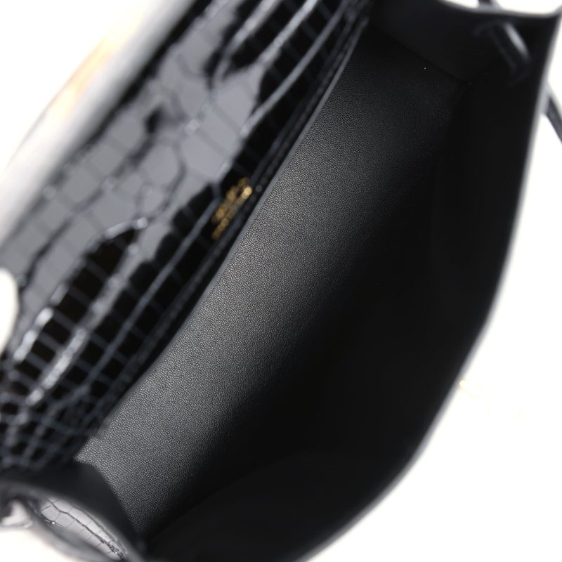 Hermes Kelly Pochette Black Shiny Porosus Crocodile Gold Hardware - Image 7